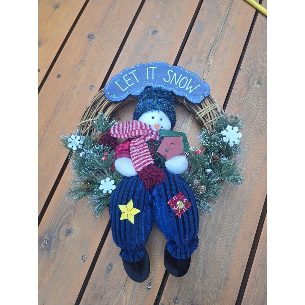 Let It Snow Snowman Grapevine Wreath Christmas Holiday Front Door Decor 16"